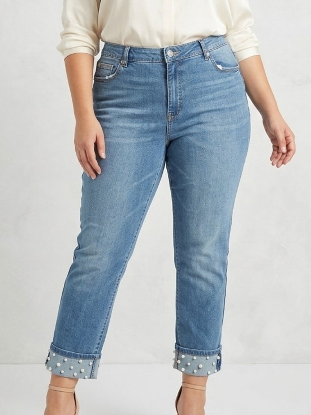 ELOQUII Pearl Beaded Cuff Jeans Wash 14 Straight Leg Plus Size EUC